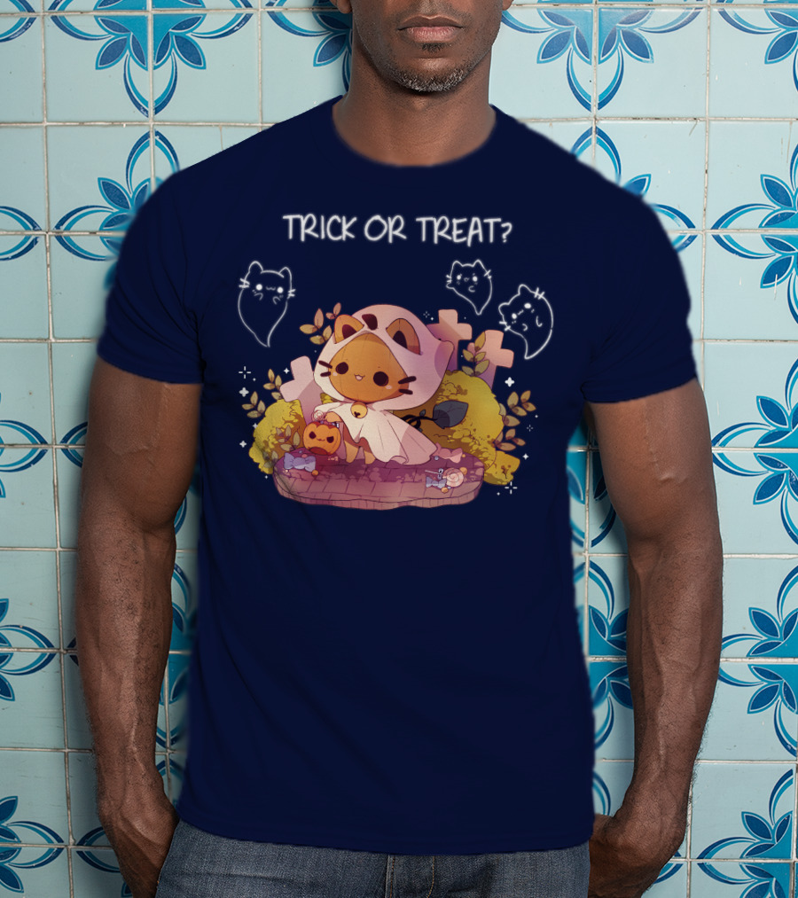 Trick Or Treat Kitty Ghost With Pumpkin And Crosses T-Shirt
