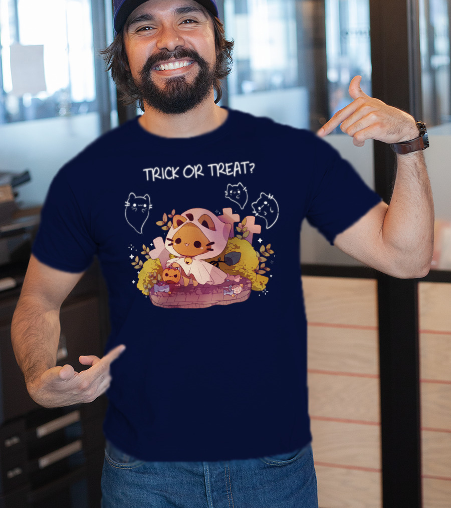 Trick Or Treat Kitty Ghost With Pumpkin And Crosses T-Shirt
