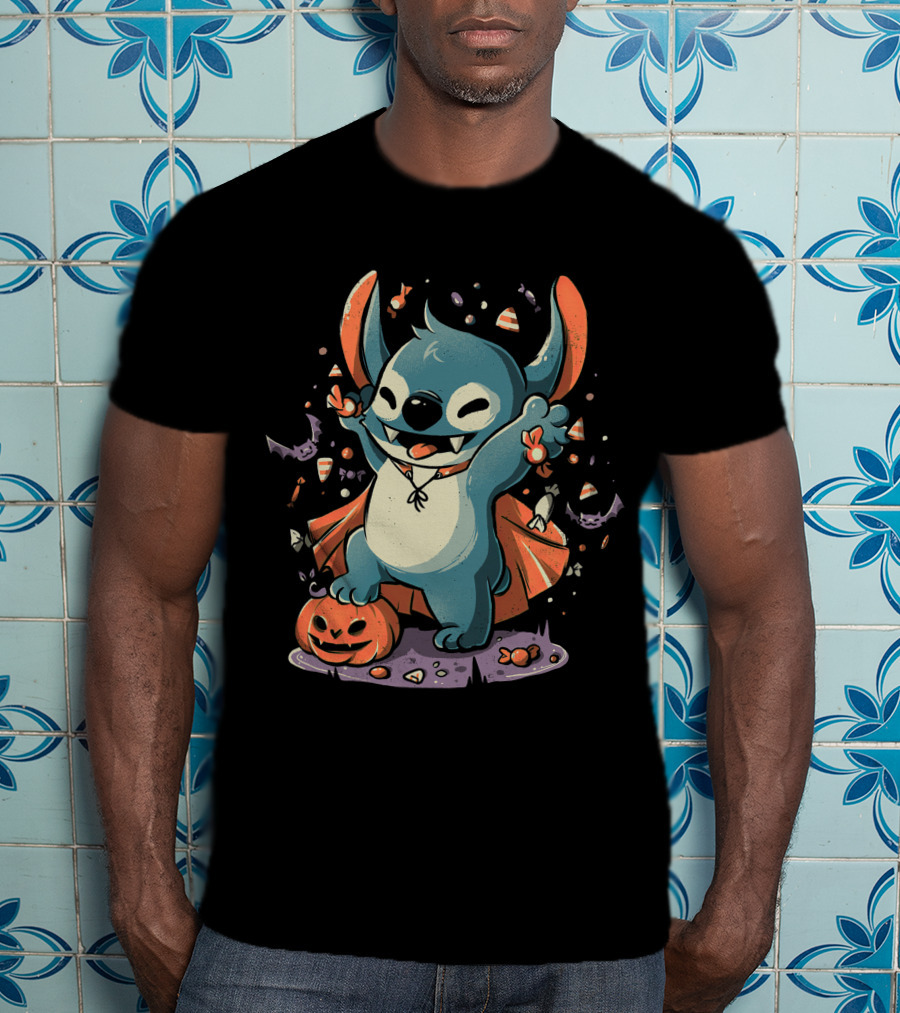 Halloween Cute Cartoon Stitch Vampire Candy Pumpkin T-Shirt