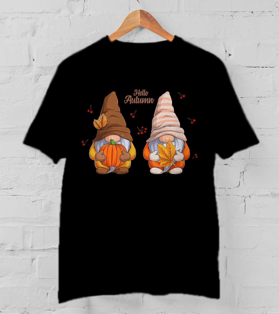 Hello Autumn Gnomes With Pumpkin And Leaf T-Shirt