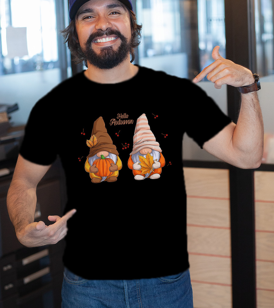 Hello Autumn Gnomes With Pumpkin And Leaf T-Shirt