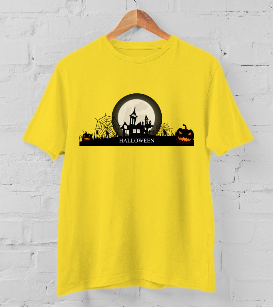 Haunted House And Jack-o'-Lantern Silhouette With Full Moon Halloween Scene T-Shirt