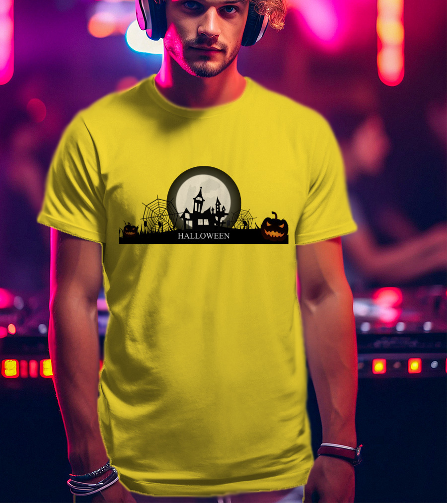 Haunted House And Jack-o'-Lantern Silhouette With Full Moon Halloween Scene T-Shirt