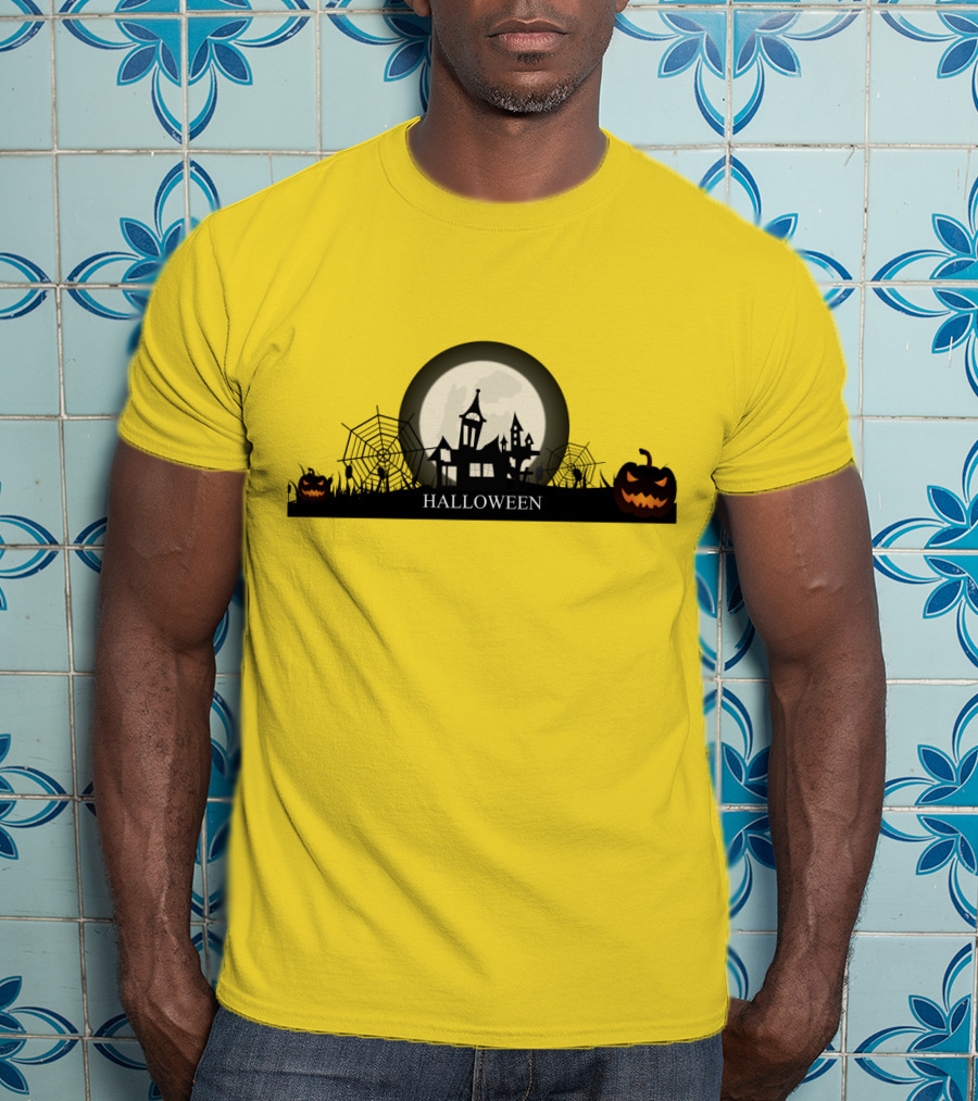 Haunted House And Jack-o'-Lantern Silhouette With Full Moon Halloween Scene T-Shirt