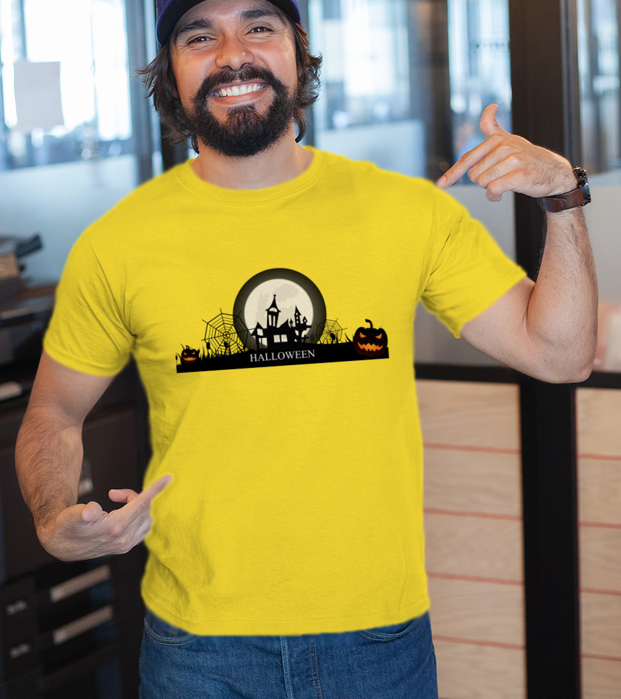 Haunted House And Jack-o'-Lantern Silhouette With Full Moon Halloween Scene T-Shirt