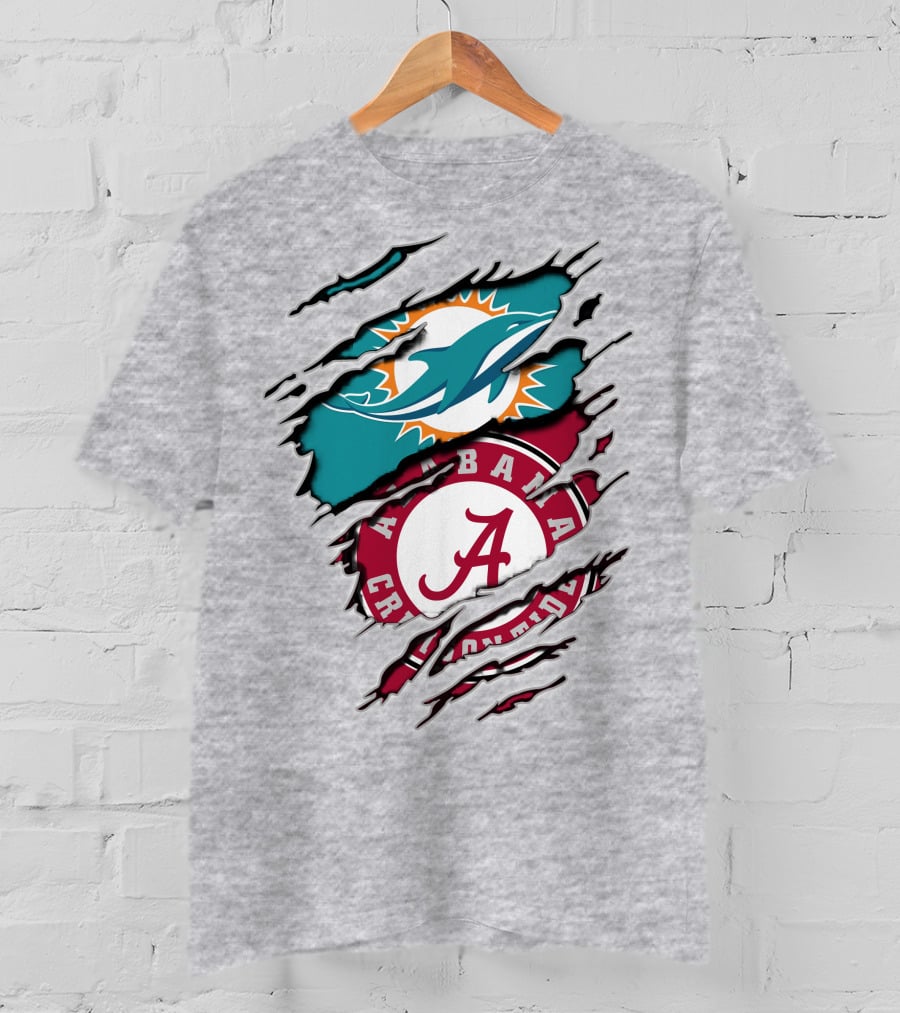 Alabama Crimson Tide And Miami Dolphins Logo Fusion T-Shirt