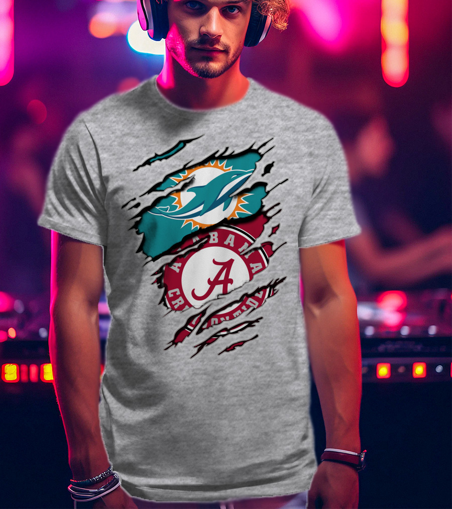 Alabama Crimson Tide And Miami Dolphins Logo Fusion T-Shirt