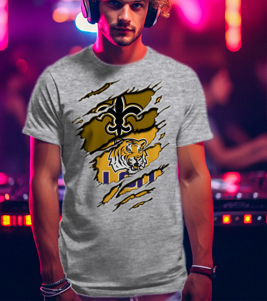 Saints Fleur-de-Lis And LSU Tiger Logo Combination T-Shirt