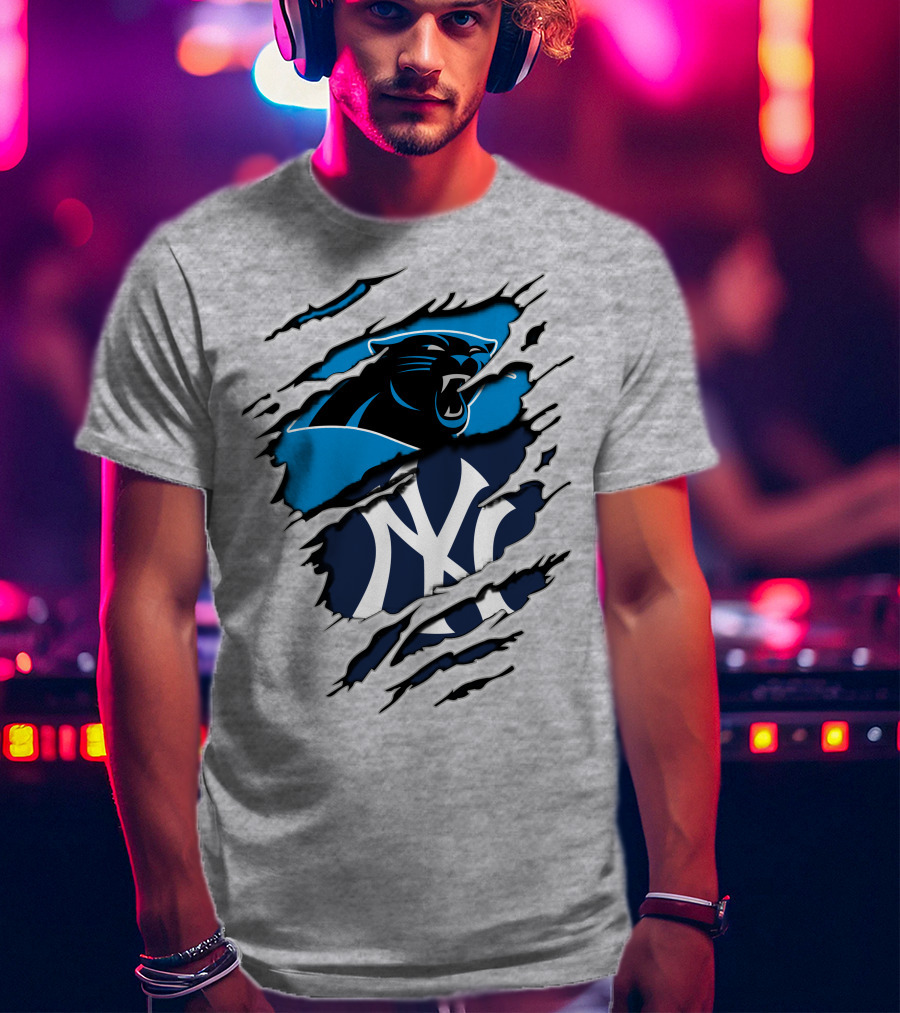Panthers Yankees Claw Rip Logos Mashup T-Shirt