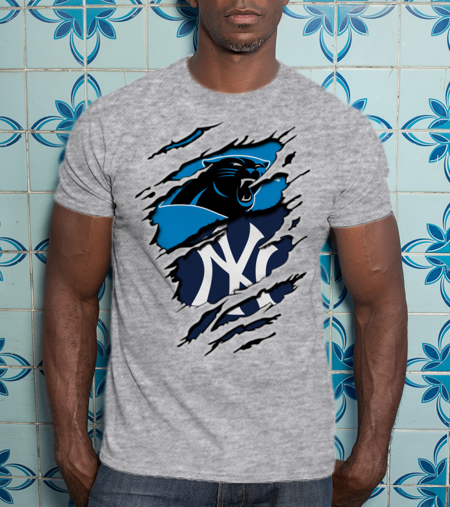 Panthers Yankees Claw Rip Logos Mashup T-Shirt