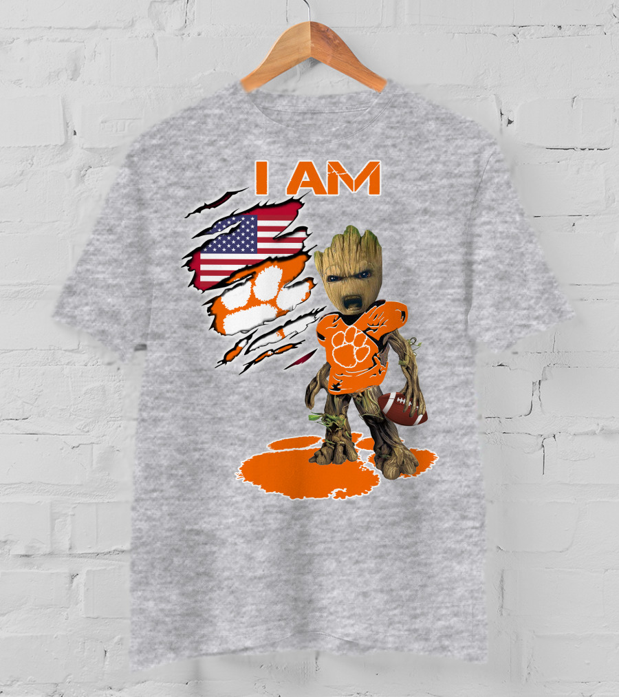 I AM Groot Clemson Football American Flag Background T-Shirt