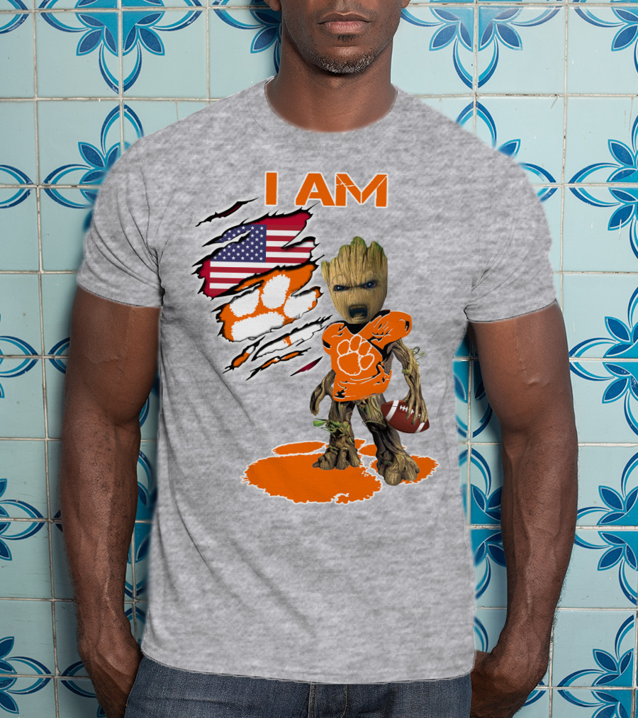I AM Groot Clemson Football American Flag Background T-Shirt