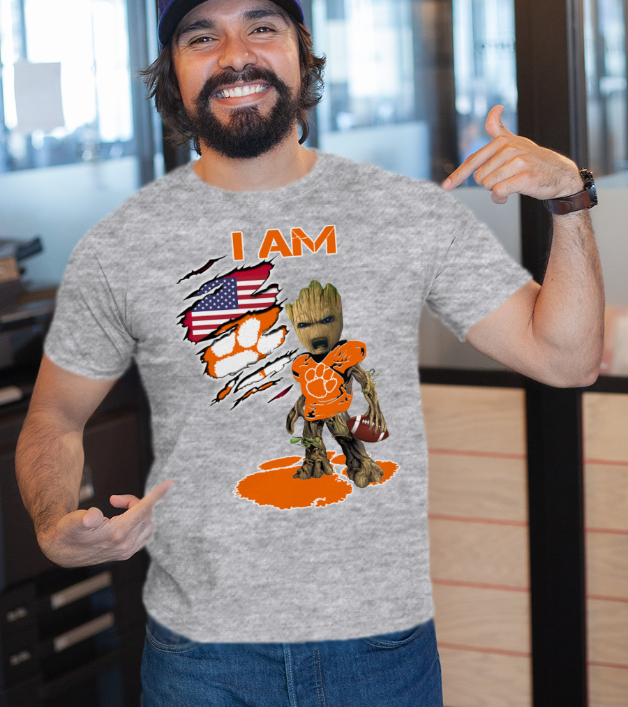 I AM Groot Clemson Football American Flag Background T-Shirt