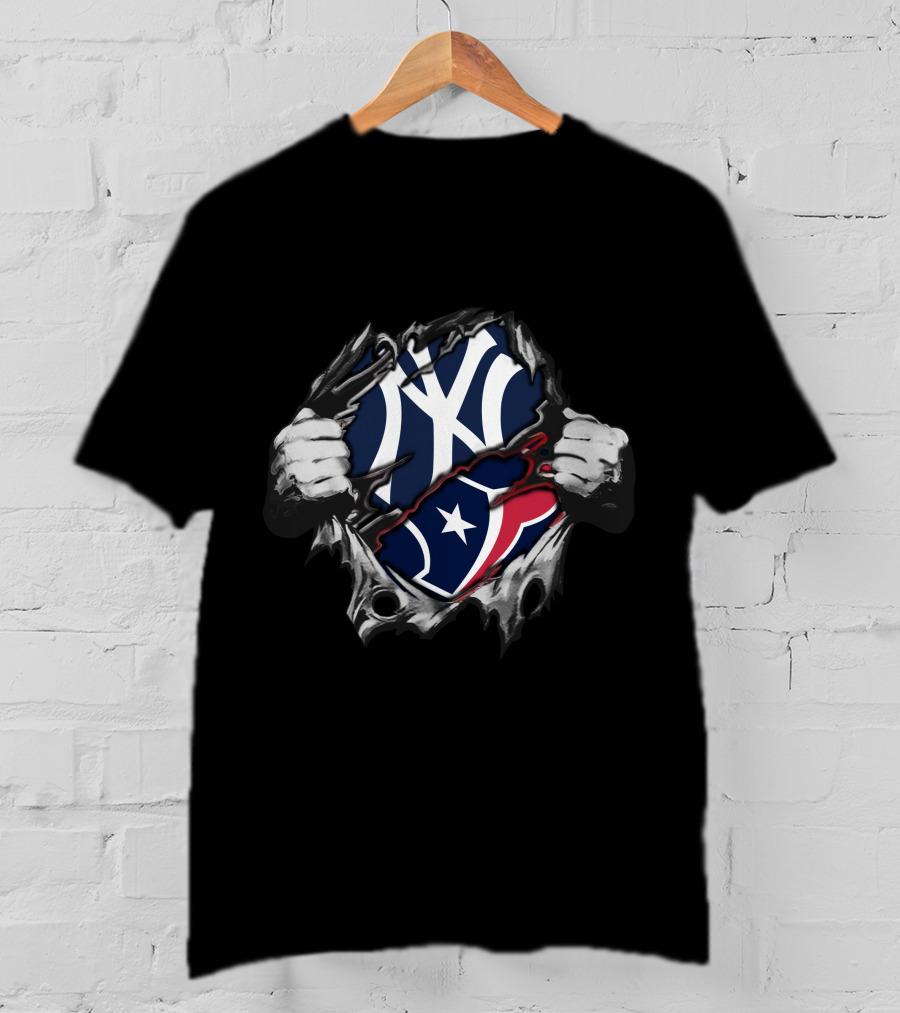 Texans Yankees Logo Fusion With Tearing Hands T-Shirt