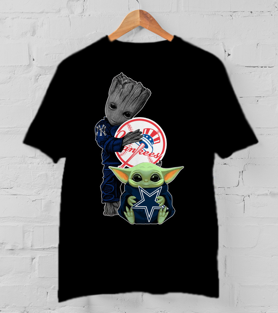 Yankees Cowboys Baby Groot And Baby Yoda Star Wars Crossover T-Shirt