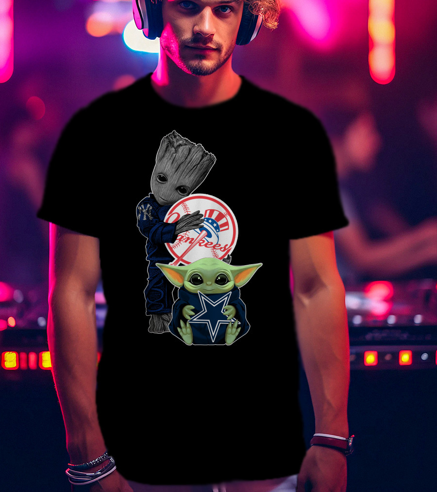 Yankees Cowboys Baby Groot And Baby Yoda Star Wars Crossover T-Shirt
