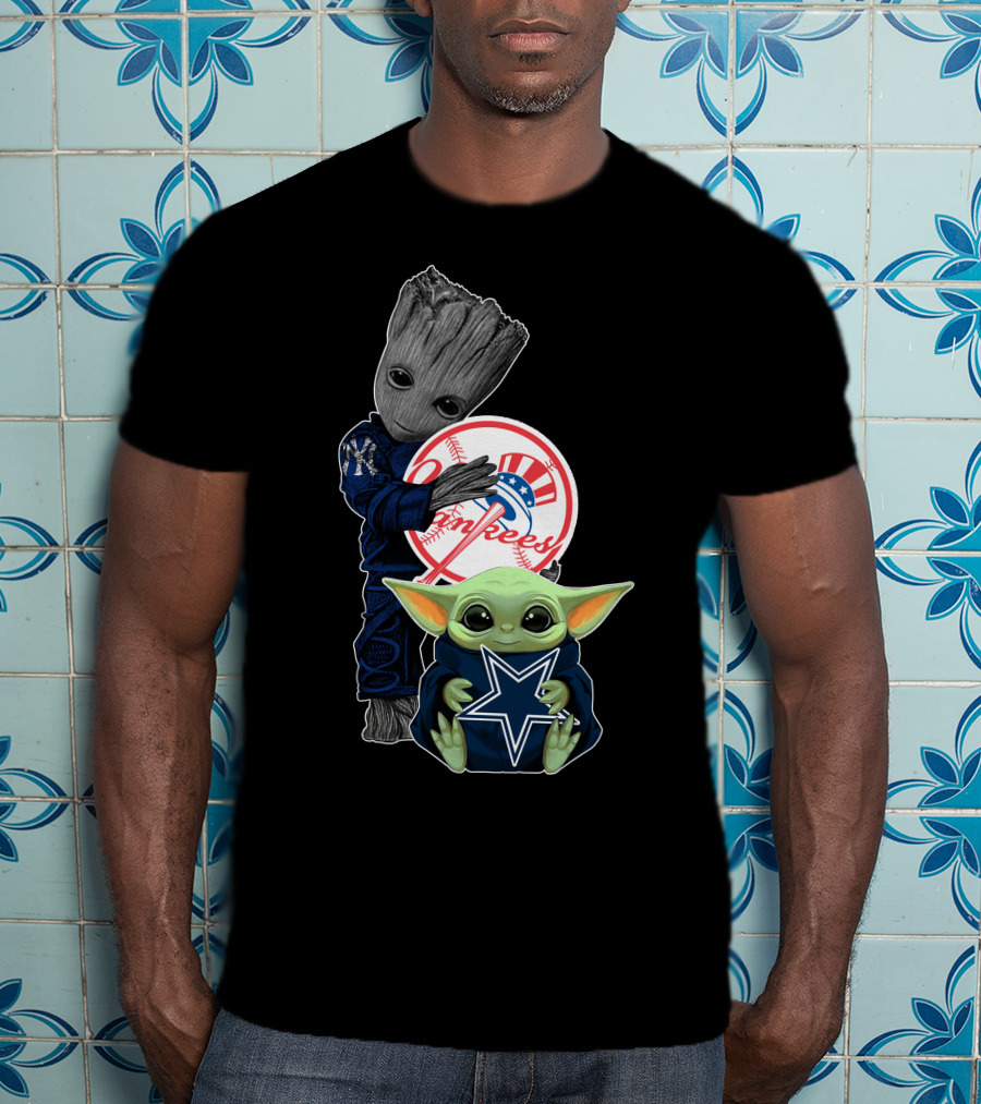 Yankees Cowboys Baby Groot And Baby Yoda Star Wars Crossover T-Shirt