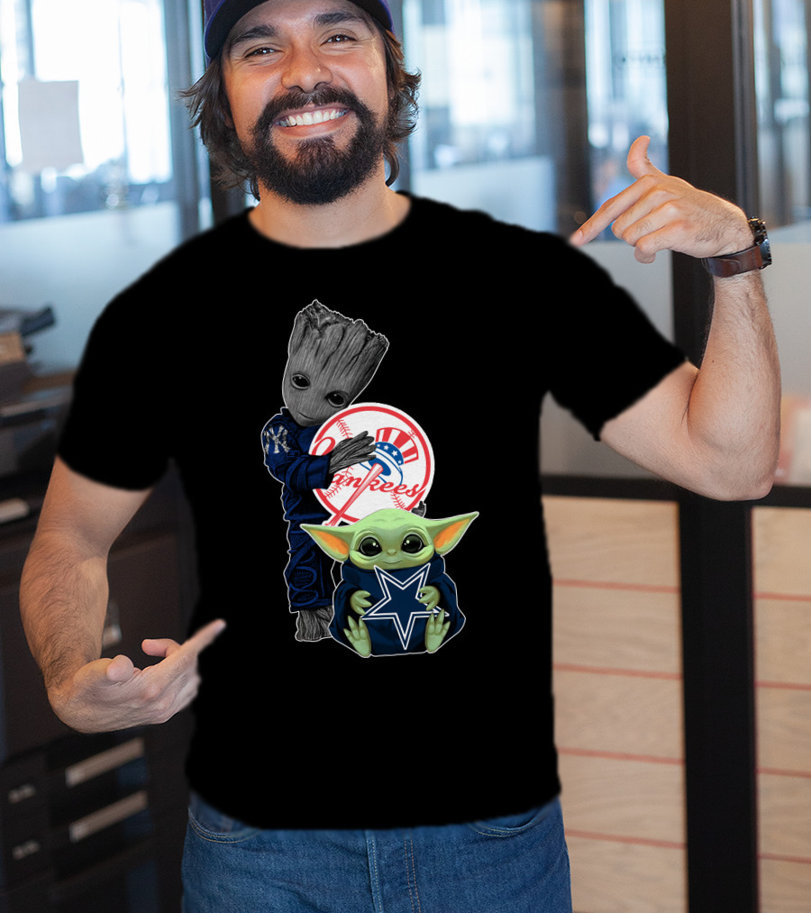 Yankees Cowboys Baby Groot And Baby Yoda Star Wars Crossover T-Shirt