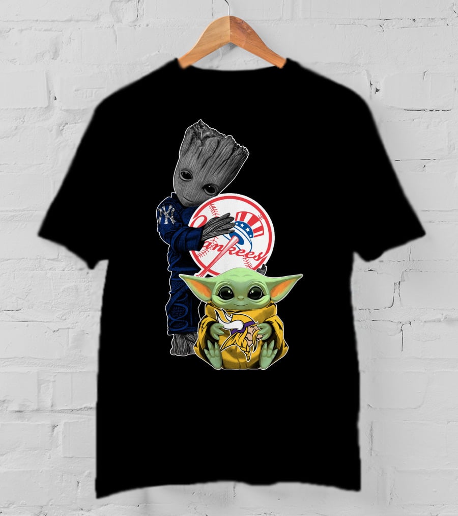 Yankees Baby Groot And Yoda Star Wars Minnesota Vikings T-Shirt