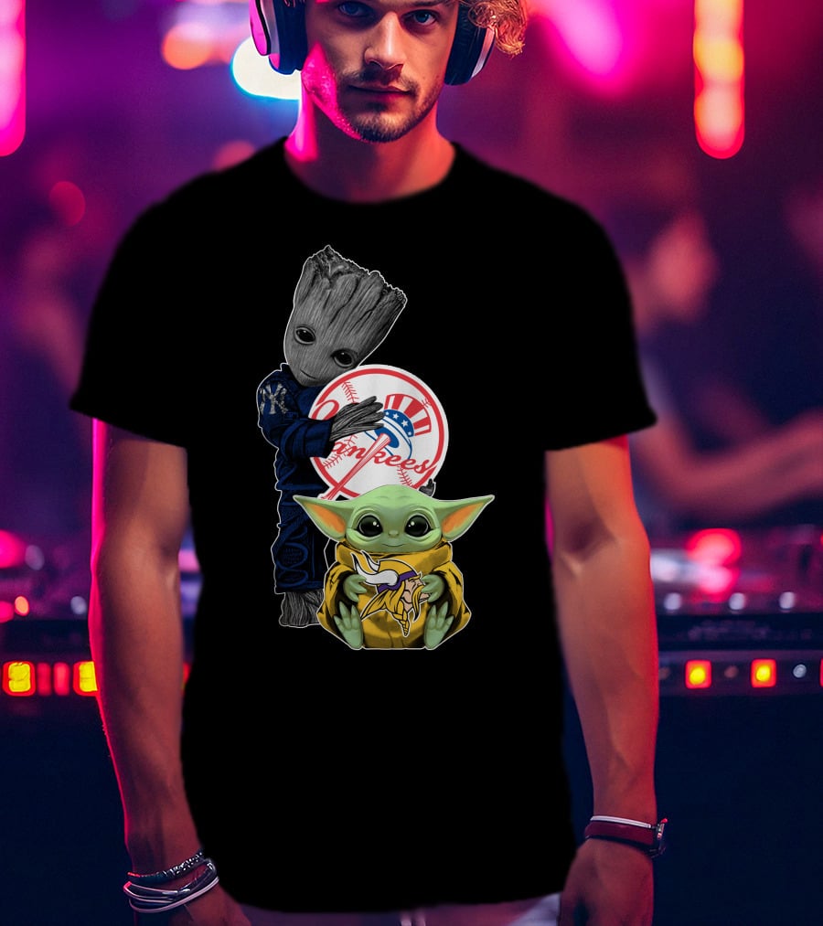 Yankees Baby Groot And Yoda Star Wars Minnesota Vikings T-Shirt