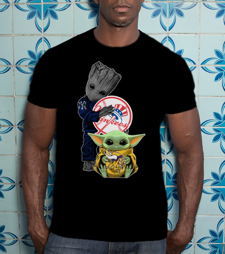 Yankees Baby Groot And Yoda Star Wars Minnesota Vikings T-Shirt