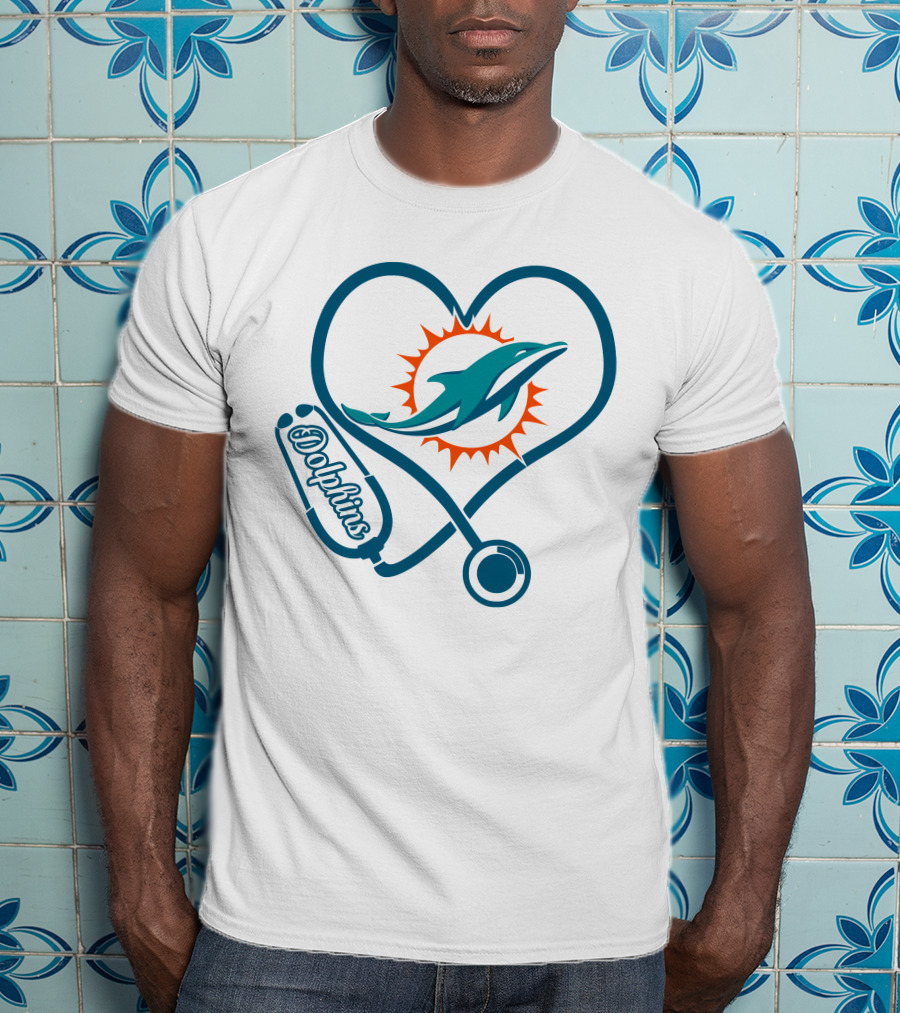 Nurse Heart Stethoscope Miami Dolphins T-Shirt