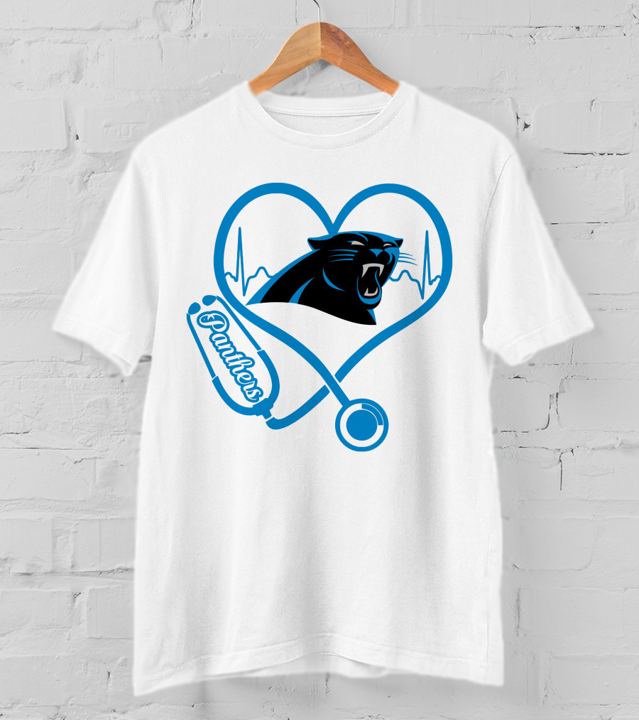 Carolina Panthers Nurse Love Stethoscope Heartbeat Panthers T-Shirt