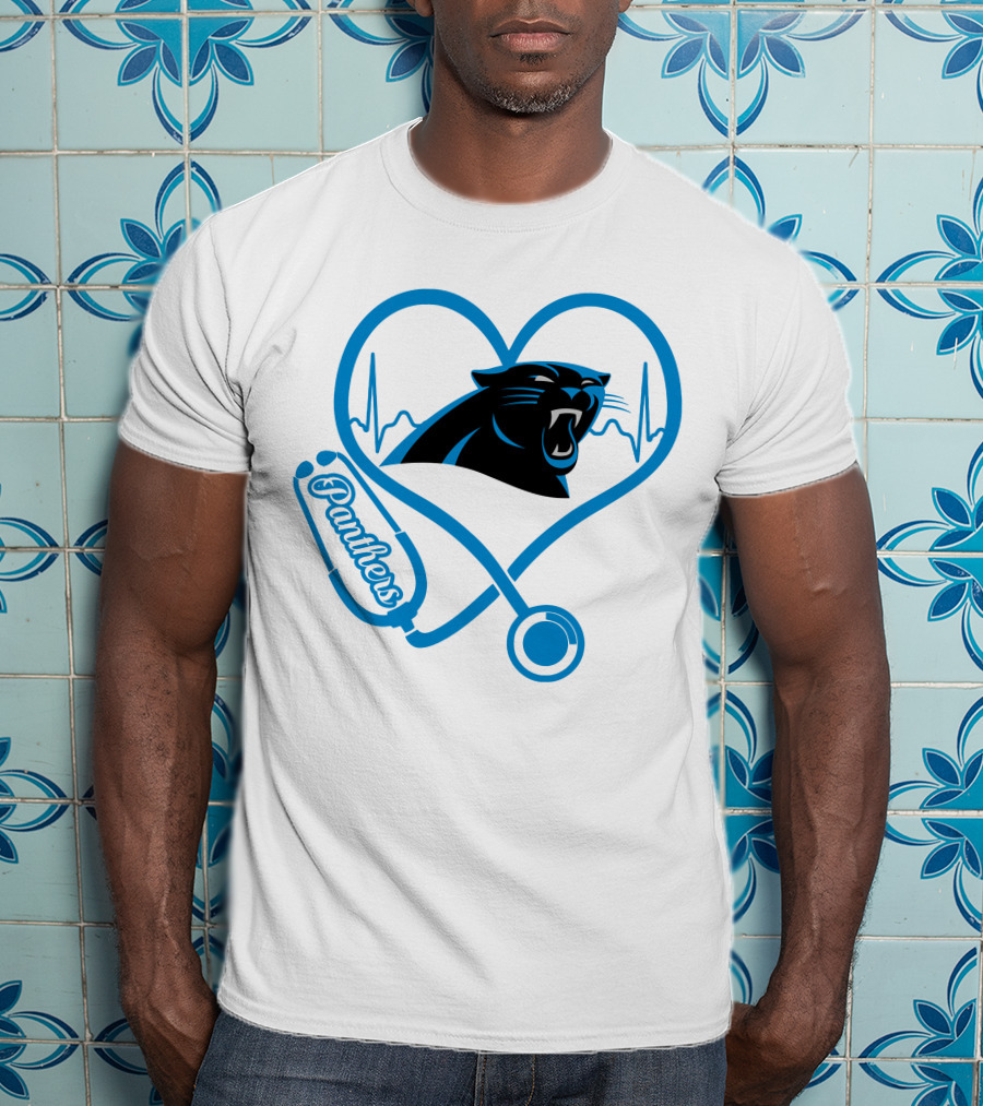Carolina Panthers Nurse Love Stethoscope Heartbeat Panthers T-Shirt