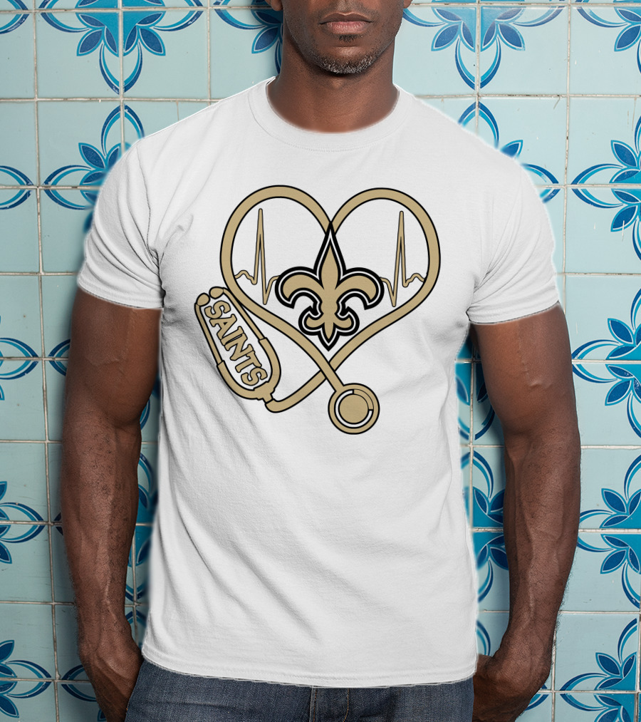 Nurse Love Saints Heartbeat Fleur-de-Lis Football T-Shirt