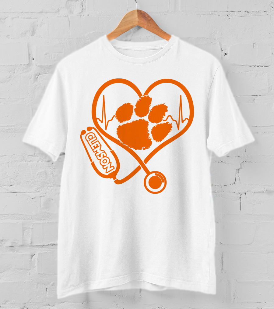 Clemson Tigers Nurse Heartbeat Paw Stethoscope T-Shirt