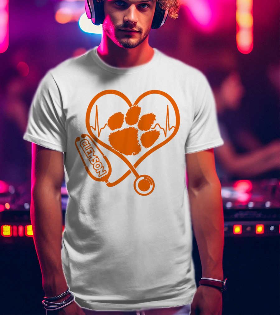 Clemson Tigers Nurse Heartbeat Paw Stethoscope T-Shirt