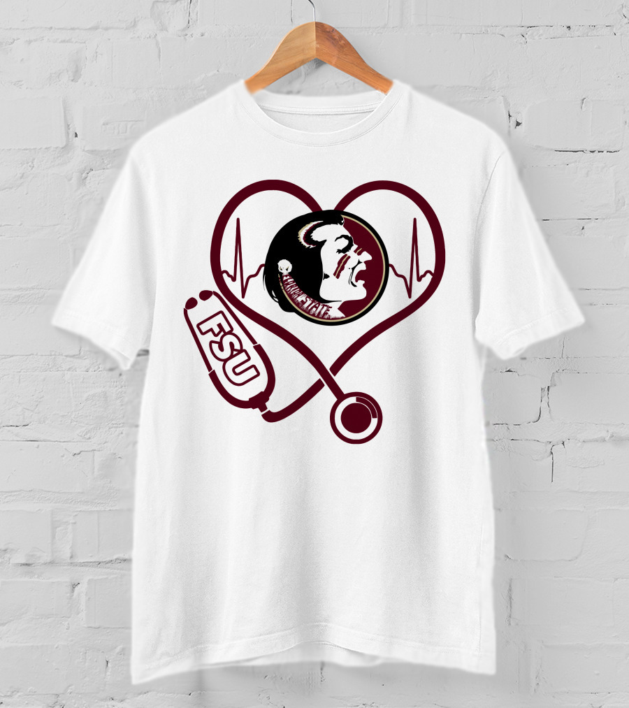 Nurse Love FSU Florida State Seminoles Heartbeat Logo Stethoscope T-Shirt