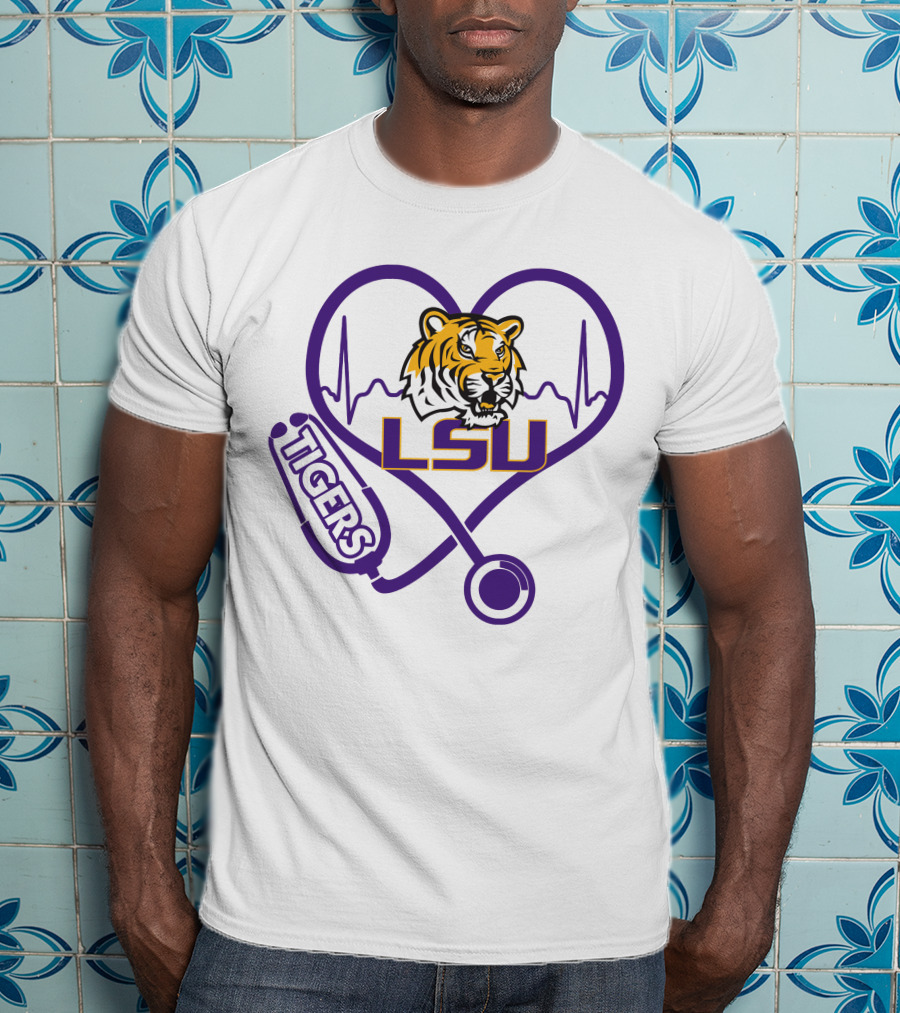 Nurse Love LSU Tigers Heartbeat Stethoscope Tiger T-Shirt