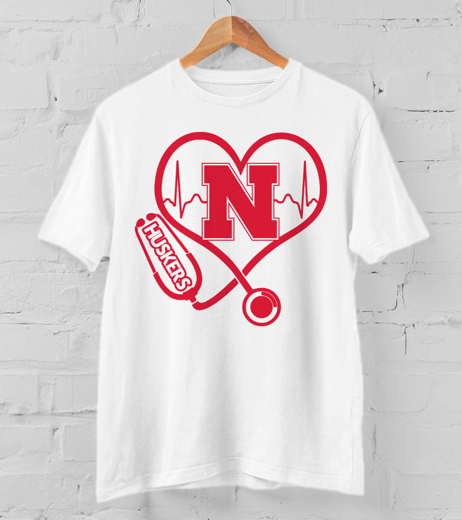 Nurse Love Nebraska Huskers Heartbeat Stethoscope T-Shirt