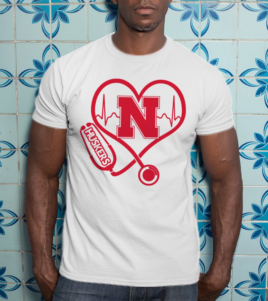 Nurse Love Nebraska Huskers Heartbeat Stethoscope T-Shirt