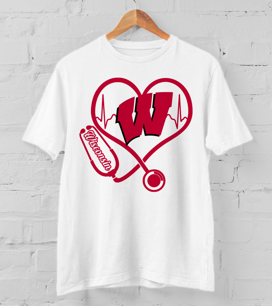 Nurse Love Wisconsin Badgers Heartbeat Stethoscope T-Shirt