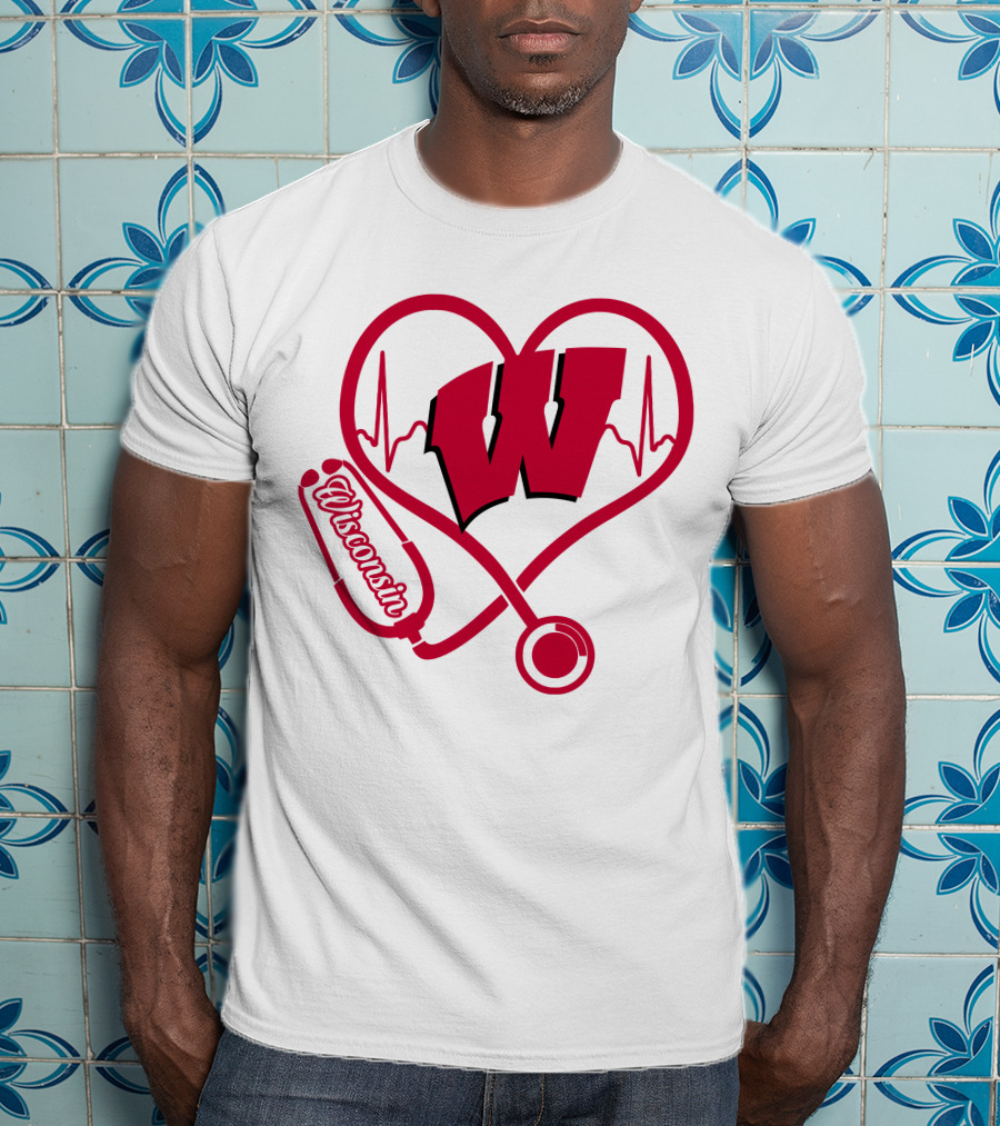 Nurse Love Wisconsin Badgers Heartbeat Stethoscope T-Shirt