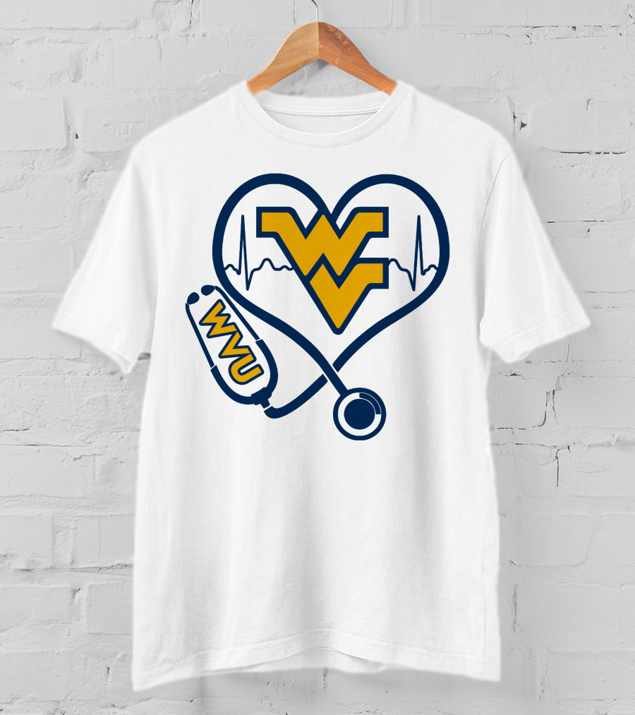 West Virginia Mountaineers Nurse Love WVU Stethoscope Heartbeat T-Shirt