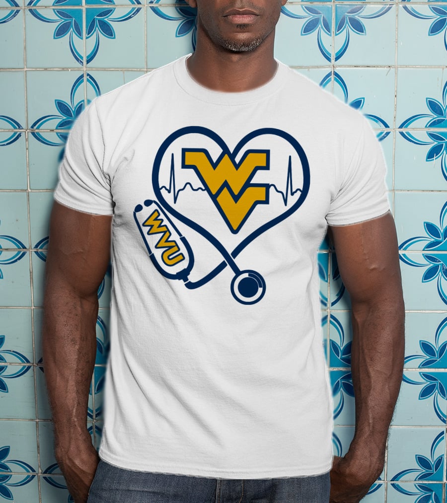 West Virginia Mountaineers Nurse Love WVU Stethoscope Heartbeat T-Shirt
