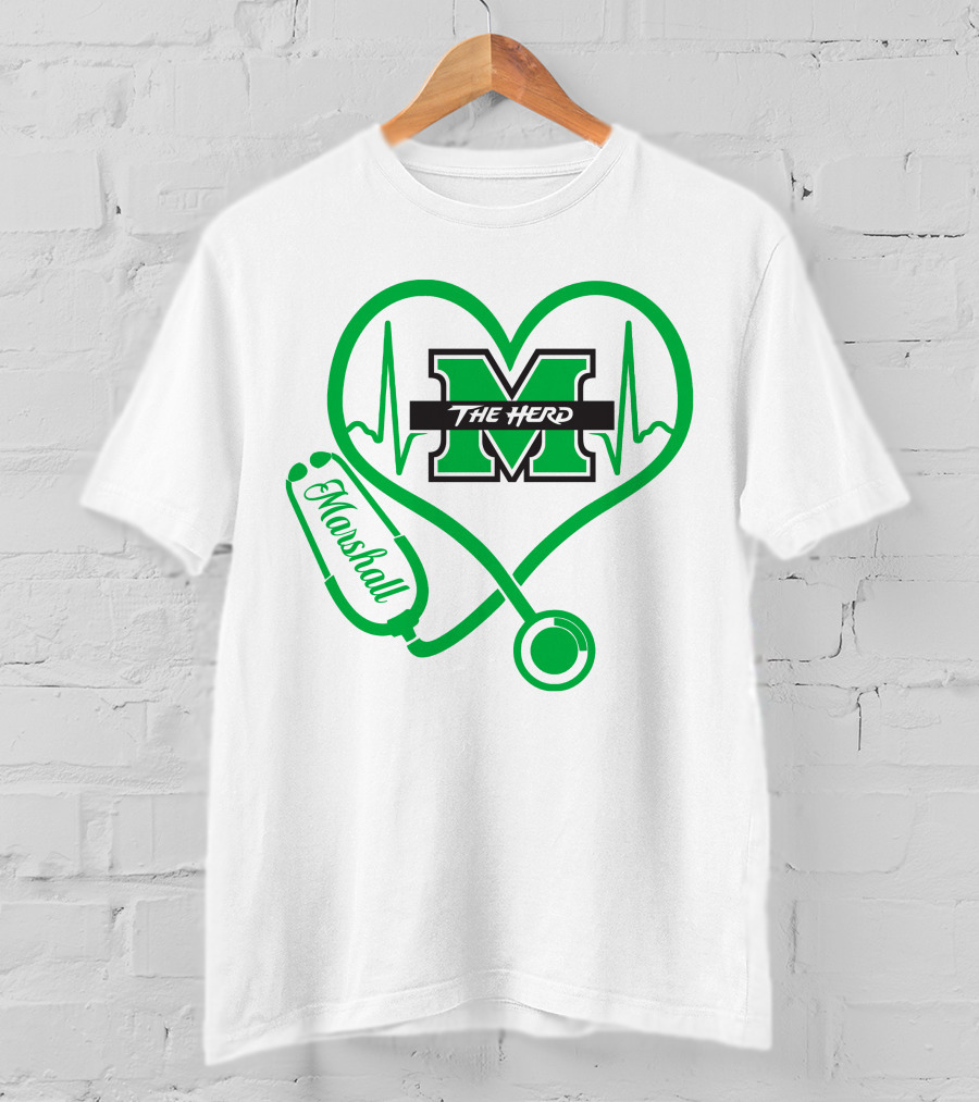 Marshall Thundering Herd Nurse Love Heartbeat Stethoscope T-Shirt