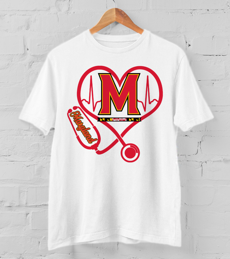 Nurse Love Maryland Terps Heartbeat Stethoscope T-Shirt