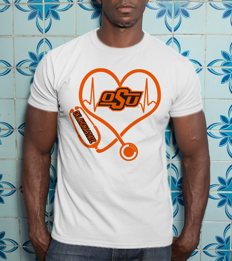 Oklahoma State Cowboys Nurse Love Heart Stethoscope T-Shirt