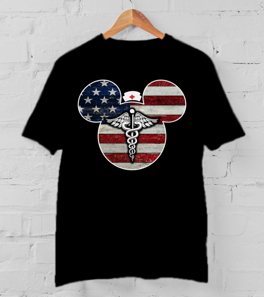 Patriotic Nurse Mickey With Caduceus And American Flag Elements T-Shirt
