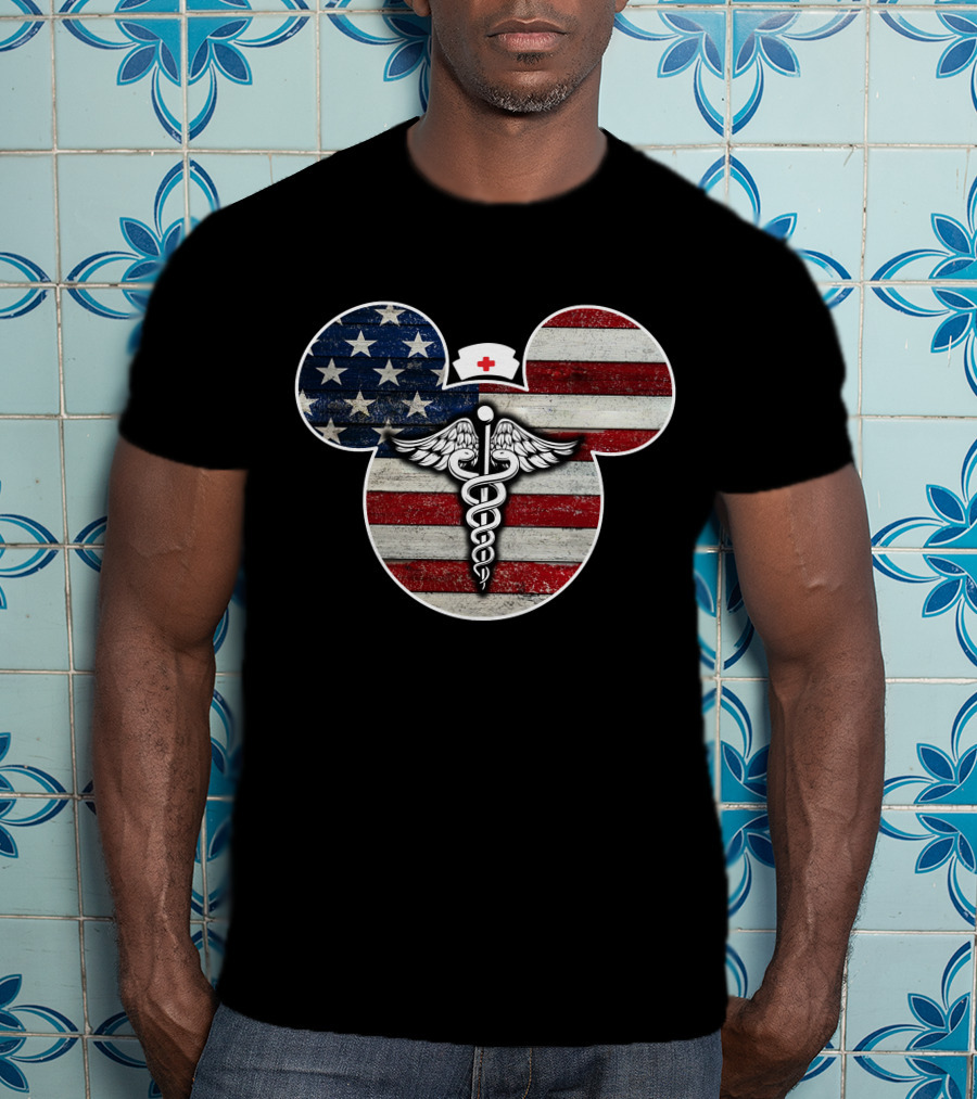 Patriotic Nurse Mickey With Caduceus And American Flag Elements T-Shirt