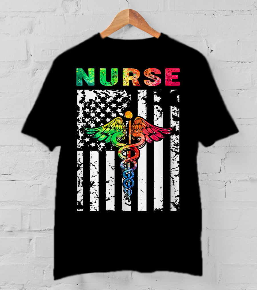 Nurse Usa Flag With Rainbow Caduceus Symbol T-Shirt