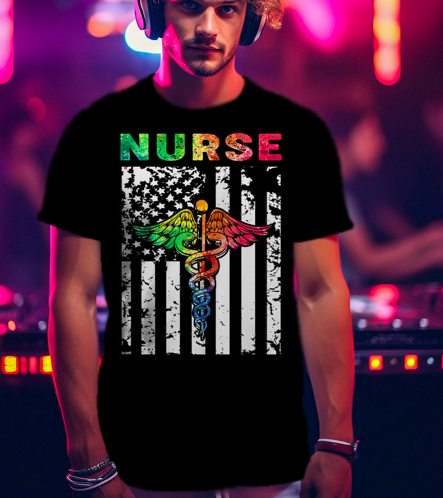 Nurse Usa Flag With Rainbow Caduceus Symbol T-Shirt