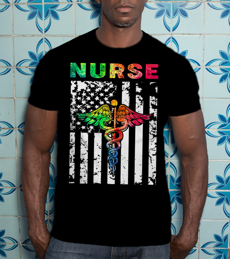 Nurse Usa Flag With Rainbow Caduceus Symbol T-Shirt