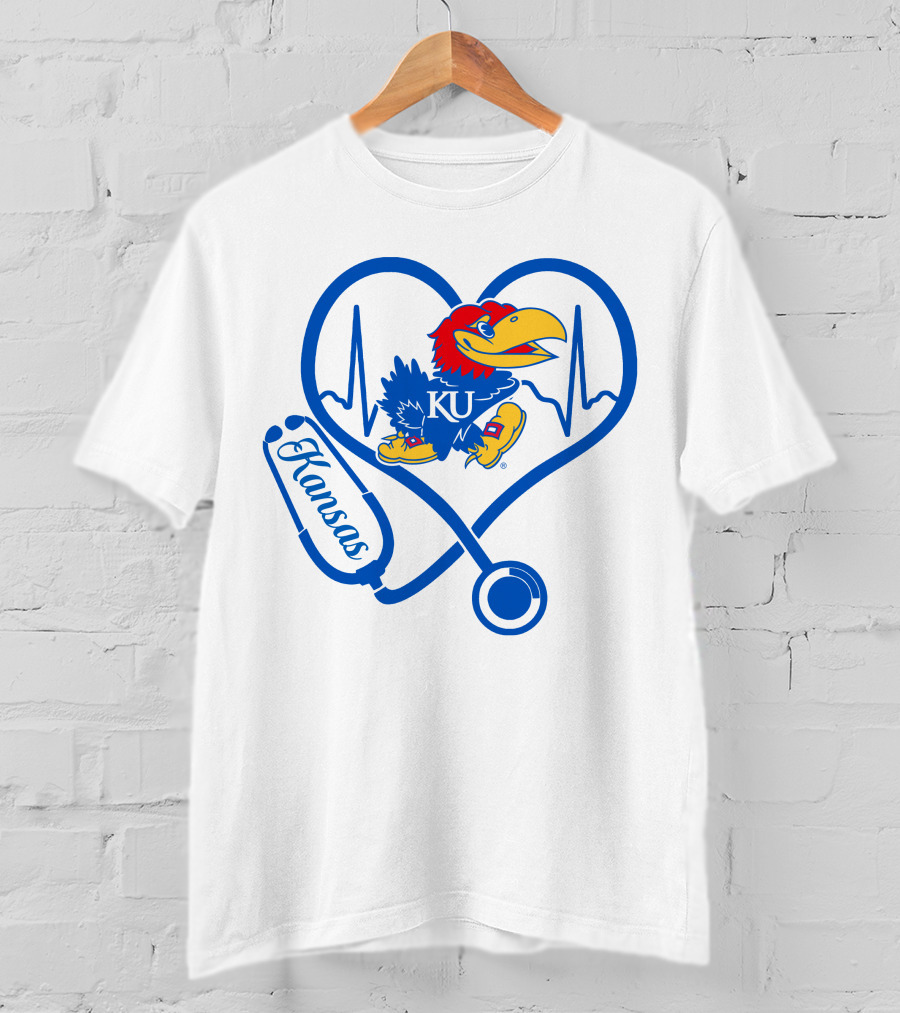Nurse Love Kansas Jayhawks Heartbeat Stethoscope KU T-Shirt