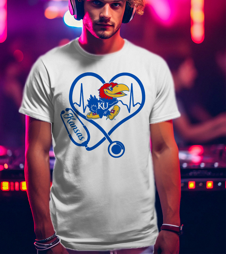 Nurse Love Kansas Jayhawks Heartbeat Stethoscope KU T-Shirt