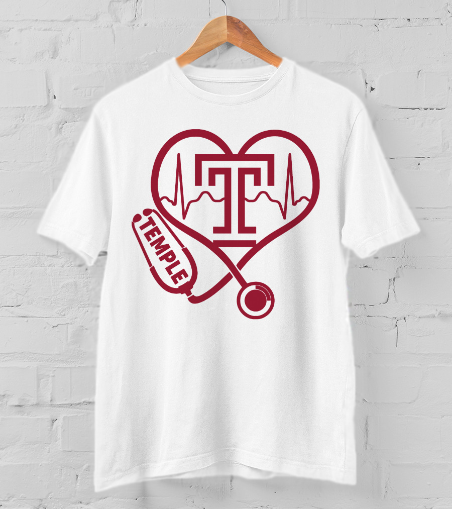 Nurse Love Temple Owls Football Stethoscope Heartbeat T-Shirt